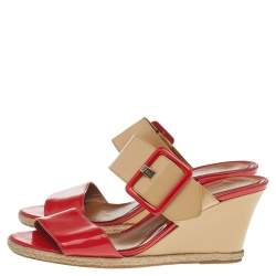 Fendi Orange-Beige Patent Leather Buckle Strap Wedge Espadrille Sandals Size 39
