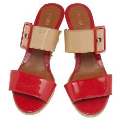 Fendi Orange-Beige Patent Leather Buckle Strap Wedge Espadrille Sandals Size 39