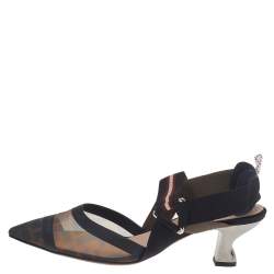 Pre Owned Fendi Brown FF Mesh An Leather Colibri Slingback Sandals Size 38.5