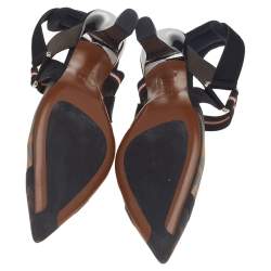 Pre Owned Fendi Brown FF Mesh An Leather Colibri Slingback Sandals Size 38.5