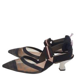 Pre Owned Fendi Brown FF Mesh An Leather Colibri Slingback Sandals Size 38.5