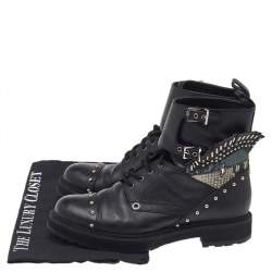 Fendi Black Leather Embellished Buckle Strap Ankle Boots Size 37
