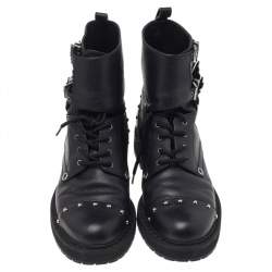 Fendi Black Leather Embellished Buckle Strap Ankle Boots Size 37