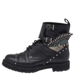 Fendi Black Leather Embellished Buckle Strap Ankle Boots Size 37