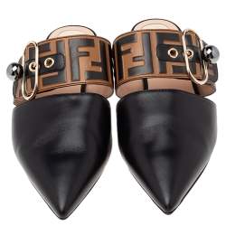 Pre Owned Fendi Black/Tobacco Zucca Leather Signature Flat Mule Sandals Size 38