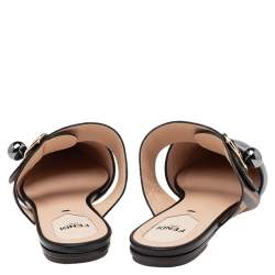 Pre Owned Fendi Black/Tobacco Zucca Leather Signature Flat Mule Sandals Size 38