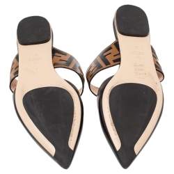 Pre Owned Fendi Black/Tobacco Zucca Leather Signature Flat Mule Sandals Size 38