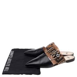 Pre Owned Fendi Black/Tobacco Zucca Leather Signature Flat Mule Sandals Size 38