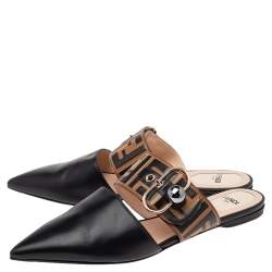 Pre Owned Fendi Black/Tobacco Zucca Leather Signature Flat Mule Sandals Size 38