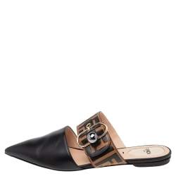 Pre Owned Fendi Black/Tobacco Zucca Leather Signature Flat Mule Sandals Size 38