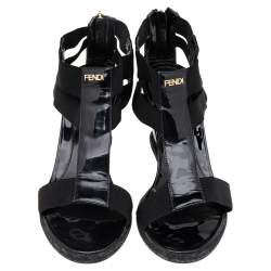 Pre Owned Fendi Black Patent Leather And Elastic T-Strap Espadrille Wedge Sandals Size 37 