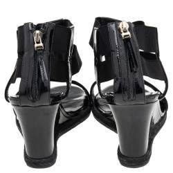 Pre Owned Fendi Black Patent Leather And Elastic T-Strap Espadrille Wedge Sandals Size 37 