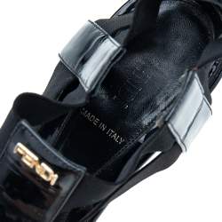 Pre Owned Fendi Black Patent Leather And Elastic T-Strap Espadrille Wedge Sandals Size 37 