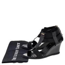 Pre Owned Fendi Black Patent Leather And Elastic T-Strap Espadrille Wedge Sandals Size 37 