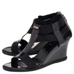 Pre Owned Fendi Black Patent Leather And Elastic T-Strap Espadrille Wedge Sandals Size 37 