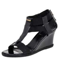 Pre Owned Fendi Black Patent Leather And Elastic T-Strap Espadrille Wedge Sandals Size 37 