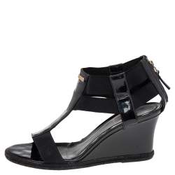 Pre Owned Fendi Black Patent Leather And Elastic T-Strap Espadrille Wedge Sandals Size 37 