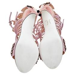 Pre Owned Fendi Pink Leather Crocodile Crystal Embellished Cage Ankle Strap Sandals Size 38