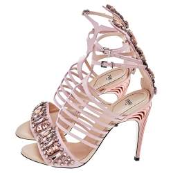 Pre Owned Fendi Pink Leather Crocodile Crystal Embellished Cage Ankle Strap Sandals Size 38