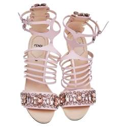 Pre Owned Fendi Pink Leather Crocodile Crystal Embellished Cage Ankle Strap Sandals Size 38