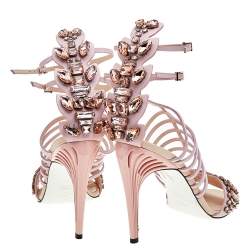 Pre Owned Fendi Pink Leather Crocodile Crystal Embellished Cage Ankle Strap Sandals Size 38