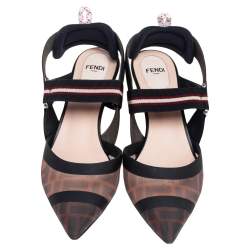 Pre Owned Fendi Black/Tobacco Zucca Mesh Colibri Slingback Pumps Size 38