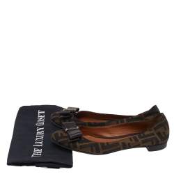 Pre Owned Fendi Brown FF Canvas And Leather Bow Ballet Flats Size 38