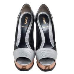 Pre Owned Fendi Multicolor Fendista Colorblock Patent And Lizard-Embossed Leather Peep Toe Platform Pumps Size 37
