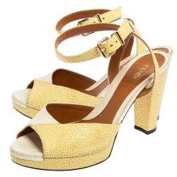 Pre Owned Fendi White/Yellow Stingray Embossed Leather Ankle Strap Platform Sandals Size 38.5