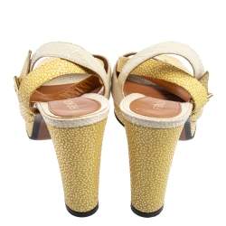 Pre Owned Fendi White/Yellow Stingray Embossed Leather Ankle Strap Platform Sandals Size 38.5