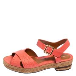 Pre Owned Fendi Pink Patent and Lizard Embossed Leather Hydra Cross Strap Espadrille Platform Sandals Size 39