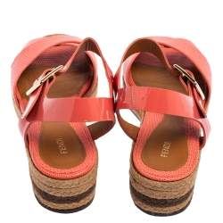 Pre Owned Fendi Pink Patent and Lizard Embossed Leather Hydra Cross Strap Espadrille Platform Sandals Size 39