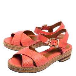 Pre Owned Fendi Pink Patent and Lizard Embossed Leather Hydra Cross Strap Espadrille Platform Sandals Size 39