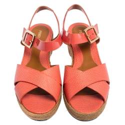 Pre Owned Fendi Pink Patent and Lizard Embossed Leather Hydra Cross Strap Espadrille Platform Sandals Size 39