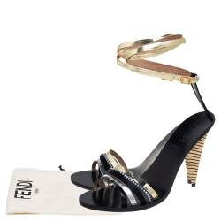 Pre Owned Fendi Black  Leather And Satin Strappy Ankle Strap Sandals Size 41