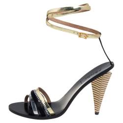 Pre Owned Fendi Black  Leather And Satin Strappy Ankle Strap Sandals Size 41