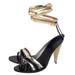 Pre Owned Fendi Black  Leather And Satin Strappy Ankle Strap Sandals Size 41