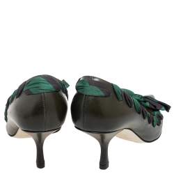 Pre Owned Fendi Green Leather And Woven Fabric Bow Pointed Toe Pumps Size 39