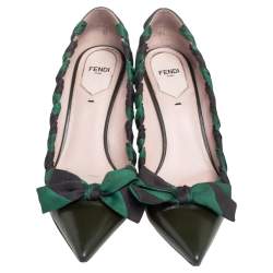Pre Owned Fendi Green Leather And Woven Fabric Bow Pointed Toe Pumps Size 39