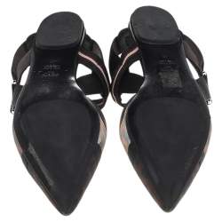 Pre Owned Fendi Brown/Black FF Mesh And Leather Colibri Slingback Flat Sandals Size 40