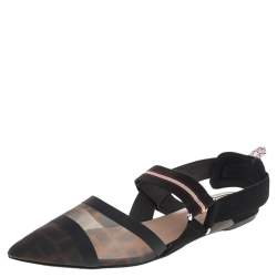Pre Owned Fendi Brown/Black FF Mesh And Leather Colibri Slingback Flat Sandals Size 40