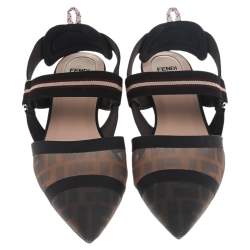 Pre Owned Fendi Brown/Black FF Mesh And Leather Colibri Slingback Flat Sandals Size 40