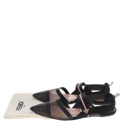 Pre Owned Fendi Brown/Black FF Mesh And Leather Colibri Slingback Flat Sandals Size 40