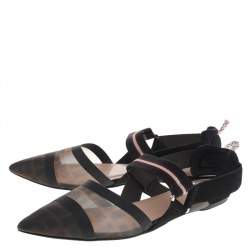Pre Owned Fendi Brown/Black FF Mesh And Leather Colibri Slingback Flat Sandals Size 40