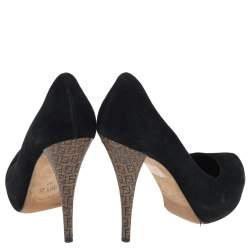 Pre Owned Fendi Black Suede Platform Zucca Heel Pumps Size 37