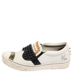 Fendi Black\White Leather Karlito Studded Low Top Sneakers Size 38