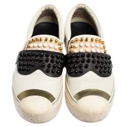 Fendi Black\White Leather Karlito Studded Low Top Sneakers Size 38