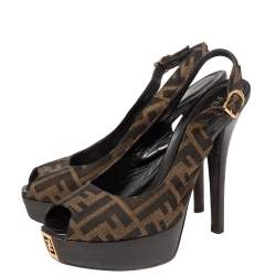 Pre Owned Fendi Tobacco Zucca Canvas Fendista Platform Slingback Sandals Size 40.5
