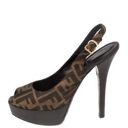 Pre Owned Fendi Tobacco Zucca Canvas Fendista Platform Slingback Sandals Size 40.5