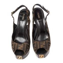Pre Owned Fendi Tobacco Zucca Canvas Fendista Platform Slingback Sandals Size 40.5